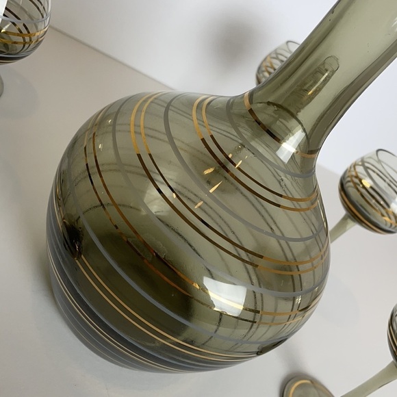 Vintage Bohemian MCM Gold Striped Smokey Topaz Decanter Set - Picture 9 of 13